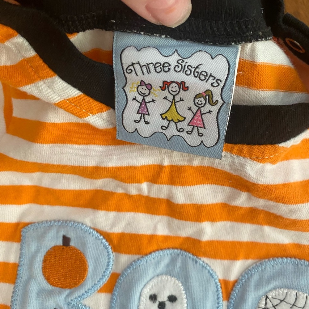 Three Sisters Halloween Boo Baby Infant Orange and White Striped Long Romper 18m - Picture 4 of 5